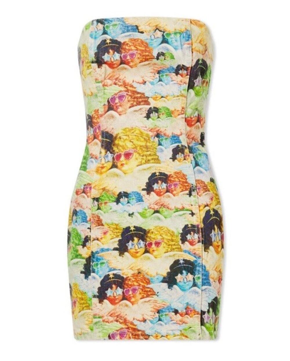 Fiorucci Angel Print Mini Dress XS Organic Cotton Strapless Cherub 70s